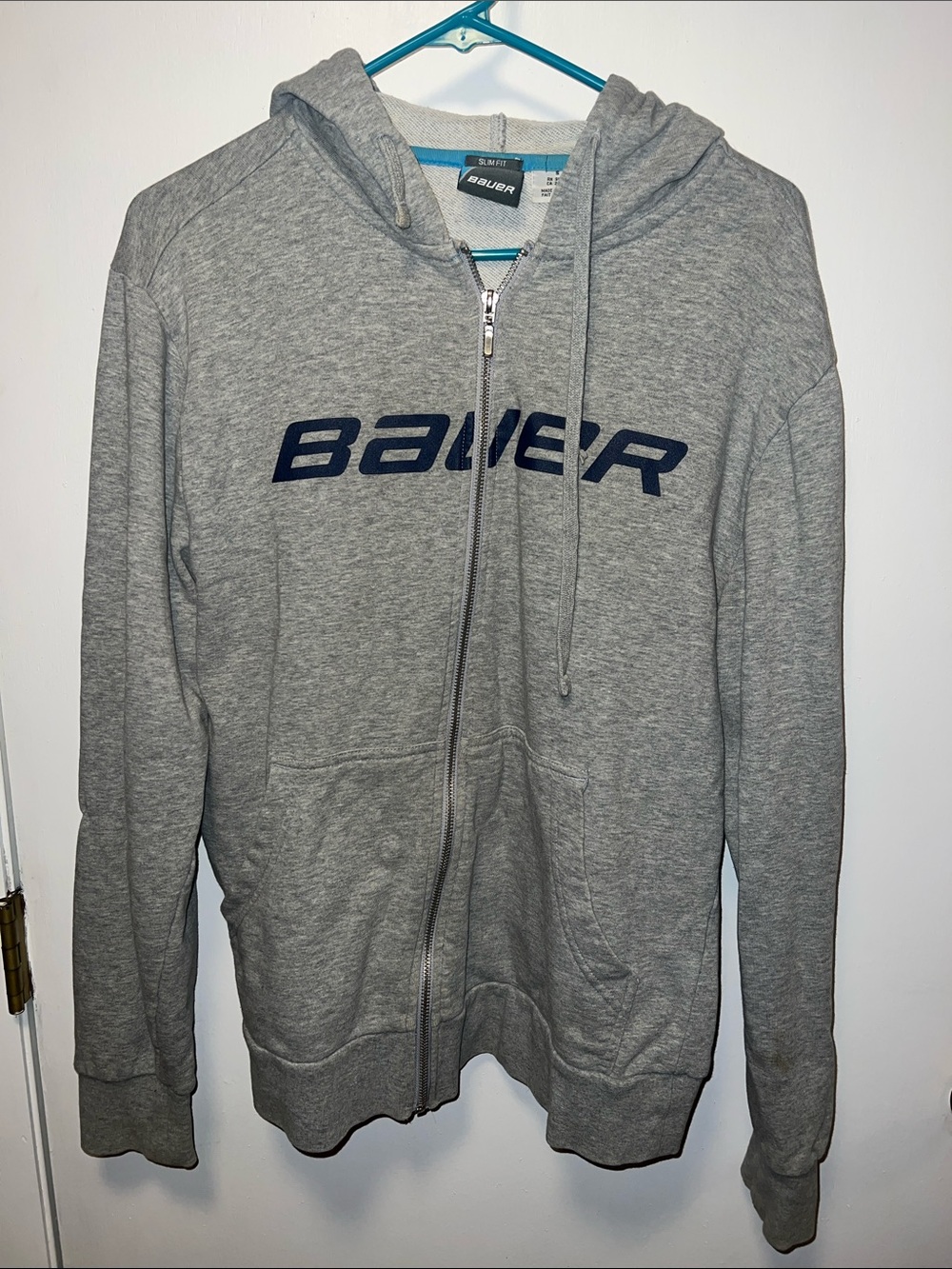 Bauer Gray Hoodie Zip-Up with Navy Logo